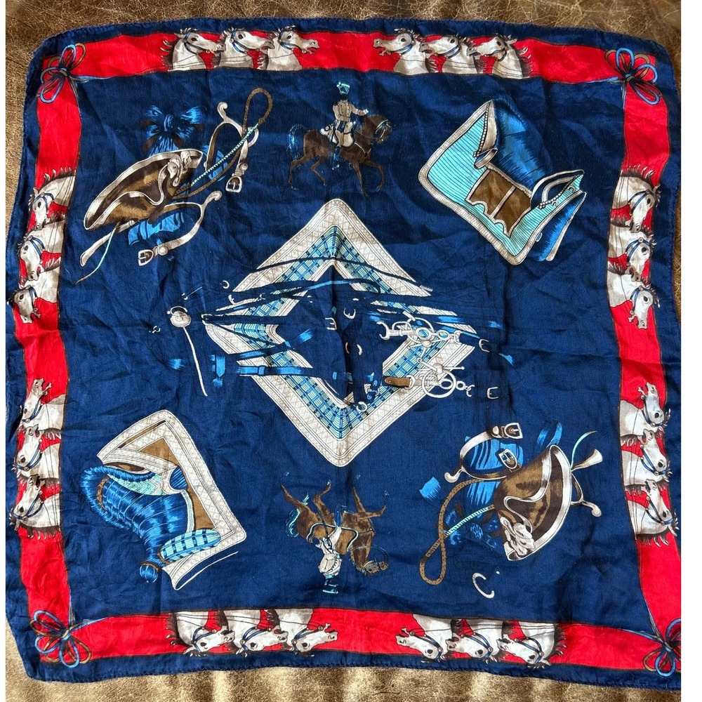 Silique 100% Silk Equestrian Horse‎ Scarf Navy Red White Square 20.5 Inch
